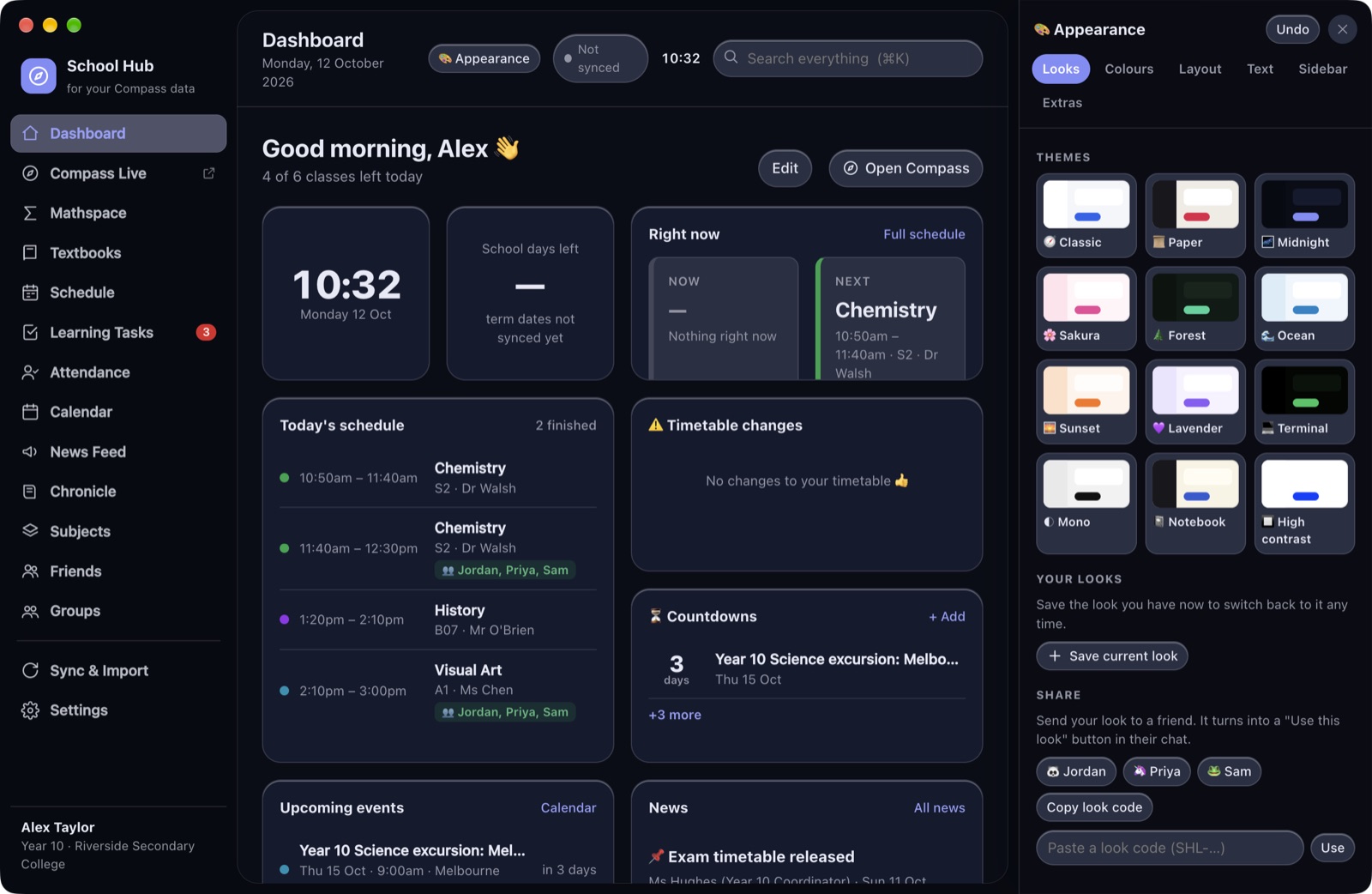 The Appearance panel open beside a dark theme