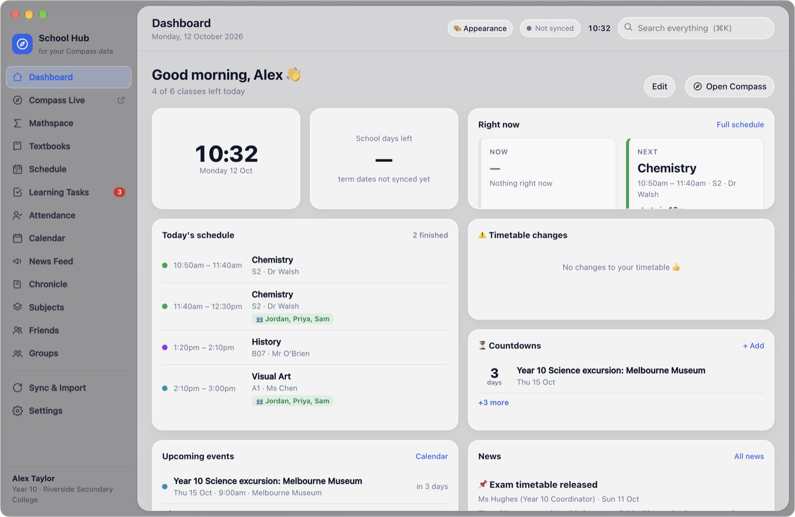 The School Hub dashboard: the time, today's remaining classes, what's next and upcoming events